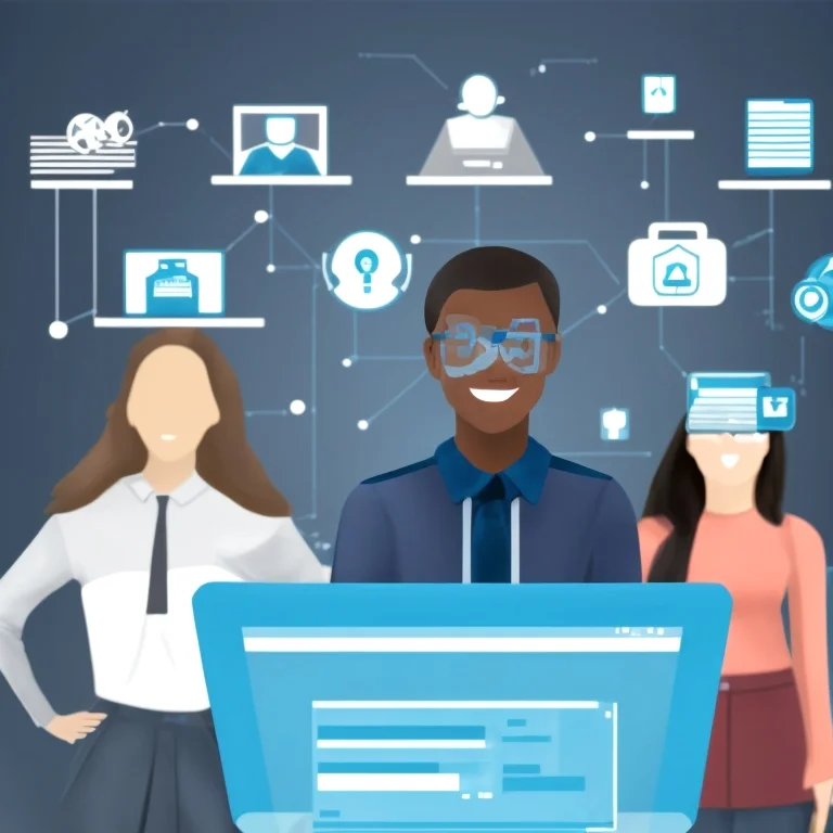 Ilustración de persona aprendiendo sobre seguridad digital con dispositivos tecnológicos